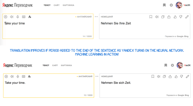 Yandex translates a short Russian sequence to German better when you add a period to turn on its NMT