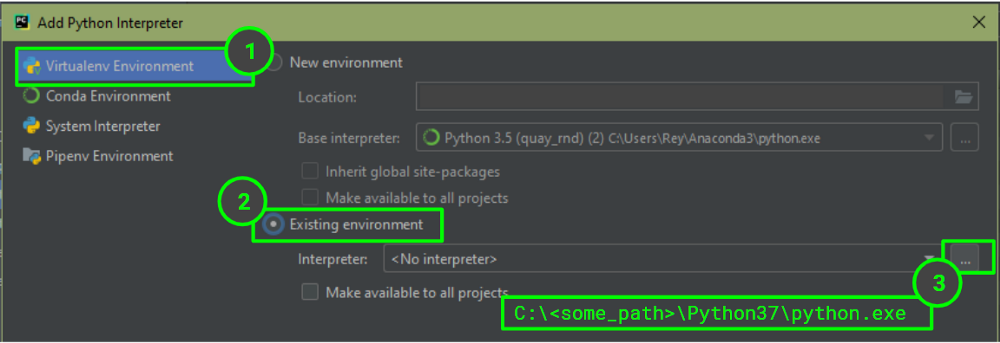 separate python virtualenv pycharm windows